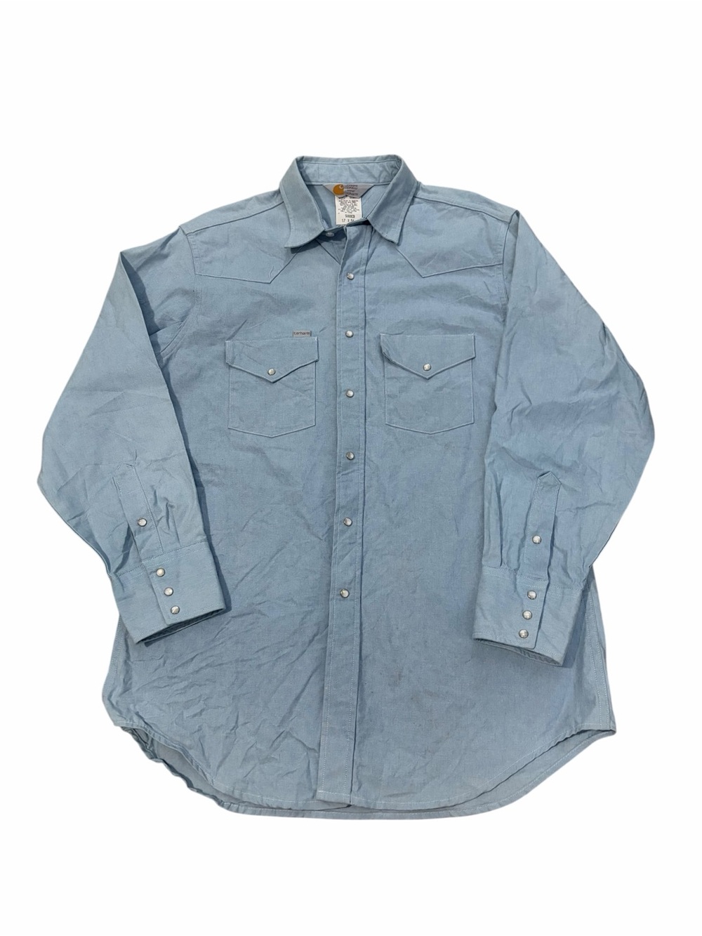 VTG Carhartt Denim Pearl Snap Button Up Work Shirt Men’s 17x34 USA Made Union